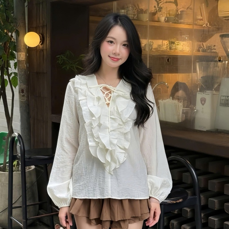 Áo Sơ Mi Nữ Kiểu Tay Dài Phối Bèo Xếp Tầng Mix Dây Nơ Nữ Tính Kimee - KA894