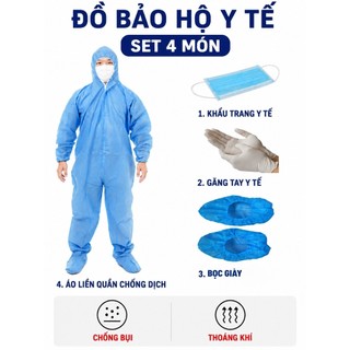 Bộ Đồ Bảo Hộ Y Tế Liền Mũ Dùng 1 Lần Có Bọc Giày – Quần Áo Chống Dịch  An Toàn Chuẩn Y Khoa 4 Món