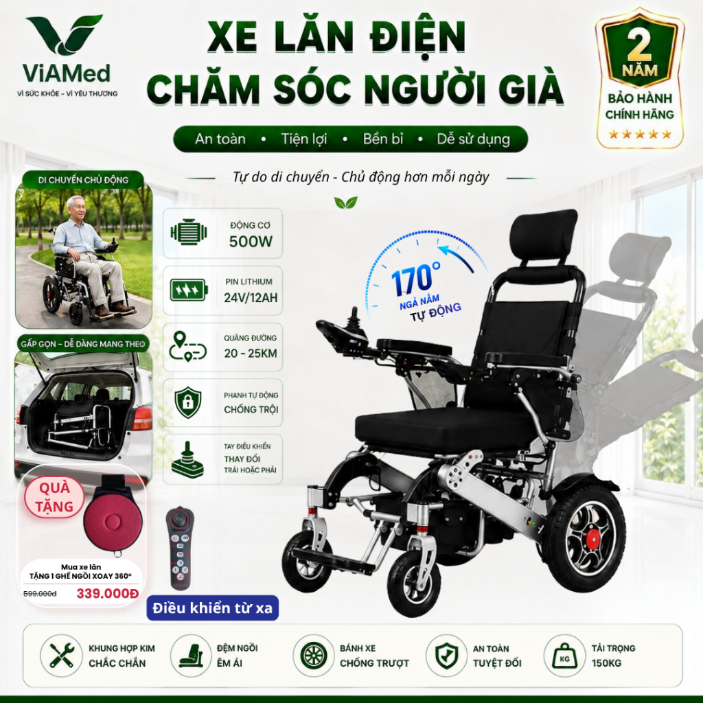 Xe Lăn Điện Ngả Lưng Tự Động (Remote) VA-XE661 Lithium PRO - Gấp gọn, An toàn cho Người Già & Người Bệnh (BH 2 NĂM)