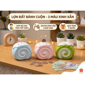Lợn/Heo đất tiết kiệm mẫu BÁNH KEM CUỘN thạch cao 3D lỗ tròn siêu đáng yêu cho bé lựa chọn