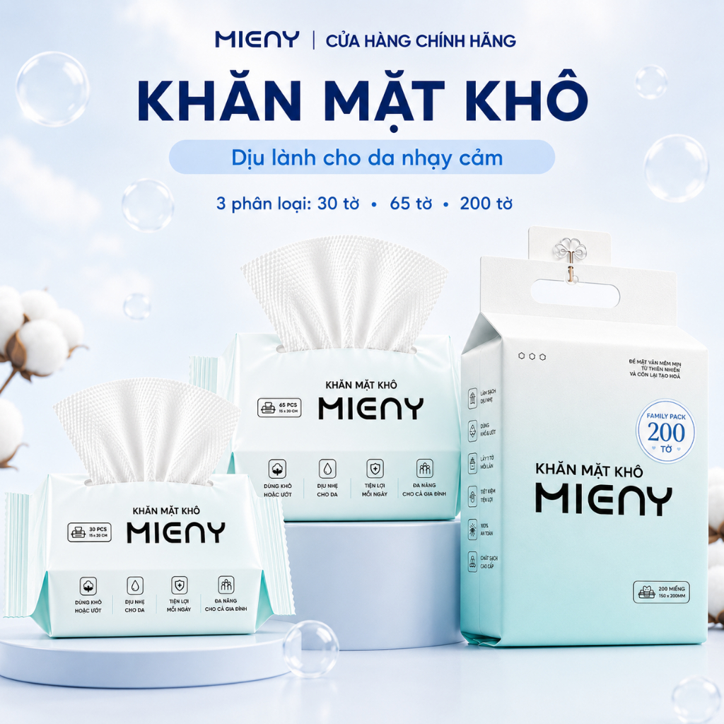 Khăn mặt khô MIENY 35, 65, 200 tờ khăn lau mặt dùng một lần, khăn khô đa năng dành cho da nhạy cảm