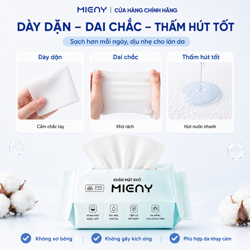 Khăn mặt khô MIENY 35, 65, 200 tờ khăn lau mặt dùng một lần, khăn khô đa năng dành cho da nhạy cảm