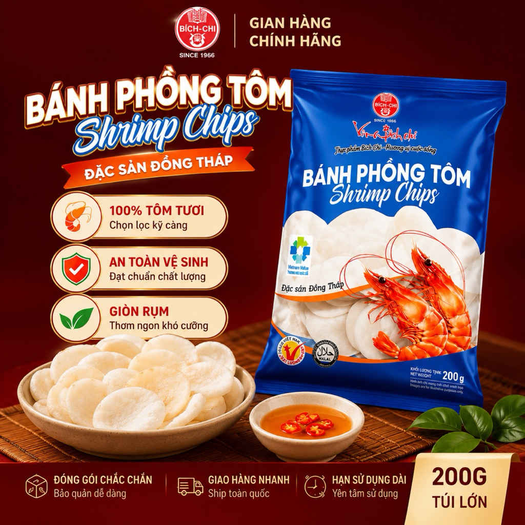 Bánh Phồng Tôm Bích Chi Gói Lớn 200Gr - Thơm ngon, giòn rụm - đặc sản Đồng Tháp