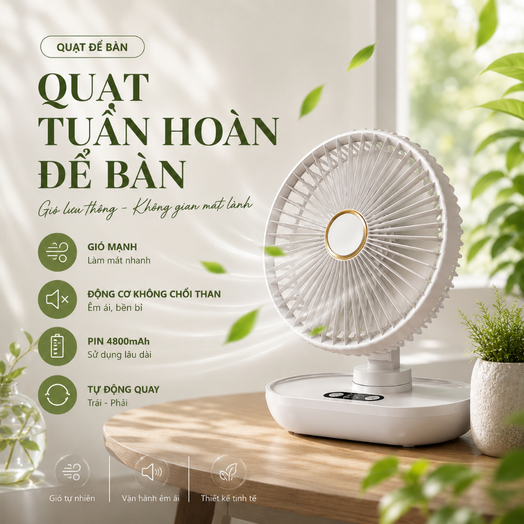Quạt Để Bàn Tích Điện Xoay 180° Êm Ái 5 Cấp Gió Dùng Cho Văn Phòng Phòng Ngủ