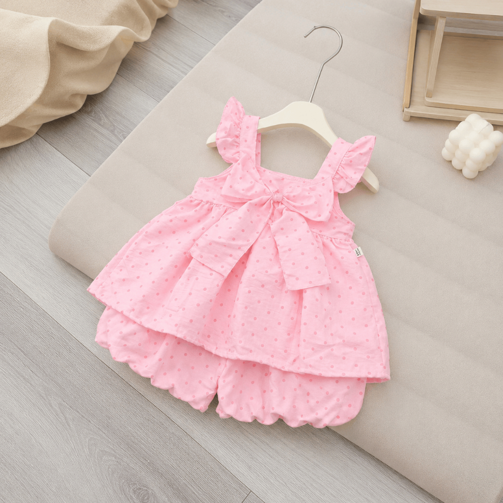 Set Áo Tay Bèo Chấm Bi Hồng Cho Bé Gái Bộ Hè Quần Đùi Họa Tiết Chấm Bi Đính Nơ Siêu Dễ Thương B11