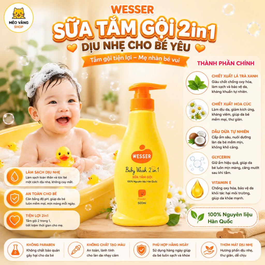 Sữa tắm gội Wesser 2 in 1 cho bé 500ml