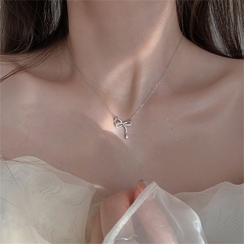 Dây Chuyền Nữ Mạ Bạc Sweet Ribbon Đính Đá Zircon - Vòng Cổ Hình Nơ Thanh Lịch Phong Cách Hàn Quốc