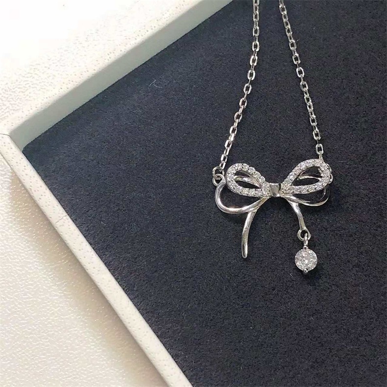 Dây Chuyền Nữ Mạ Bạc Sweet Ribbon Đính Đá Zircon - Vòng Cổ Hình Nơ Thanh Lịch Phong Cách Hàn Quốc