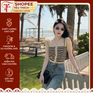Áo Kiểu Nữ Dệt Kim Kẻ Sọc Thanh Lịch – Áo Cổ Tim Đính Cúc Đồng – P&T fashion – 249