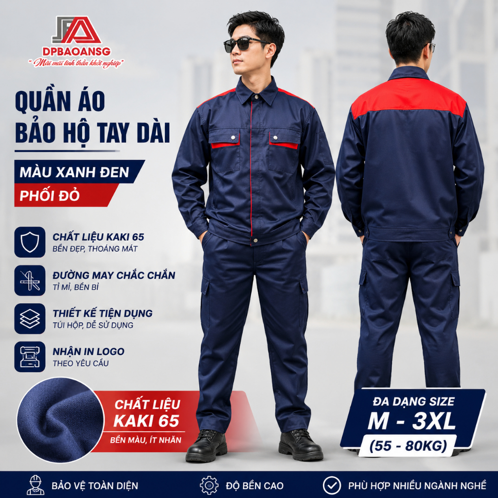 QUẦN - ÁO BẢO HỘ LAO ĐỘNG TAY DÀI KAKI MÀU XANH ĐEN PHỐI ĐỎ - ĐỒ BẢO HỘ CHO KỸ SƯ CÔNG TRÌNH, KTV SỬA CHỮA LẮP RÁP