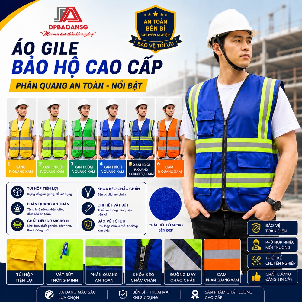 ÁO GILE BẢO HỘ TÚI HỘP CÓ PHẢN QUANG - ÁO GILE KAKI VÀNG/XANH DƯƠNG/CHUỐI CHO KỸ SƯ CÔNG NHÂN XÂY DỰNG KỸ THUẬT VỆ SINH
