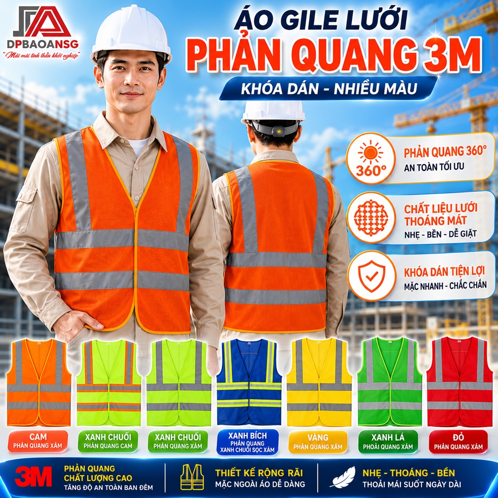 ÁO GILE LƯỚI 3M PHẢN QUANG NHIỀU MÀU - ÁO GILE BẢO HỘ CÔNG NHÂN XÂY DỰNG-KỸ THUẬT-NHÂN VIÊN VỆ SINH - CÓ NHẬN IN LOGO