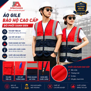 ÁO GILE BẢO HỘ PHẢN QUANG ĐỎ PHỐI XANH ĐEN - ÁO GILE TÚI HỘP KAKI CHO KỸ SƯ GIÁM SÁT CÔNG TRÌNH, KỸ THUẬT