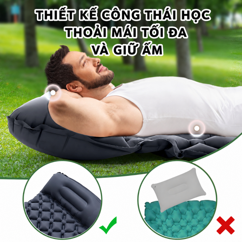 ⛺️Nệm Hơi Tự Bơm Cắm Trại Có Gối Liền Gấp Gọn, Đệm Ngủ Dã Ngoại Chống Nước, Thảm Khí Ngoài Trời Hàng Sẵn VN Giao Nhanh
