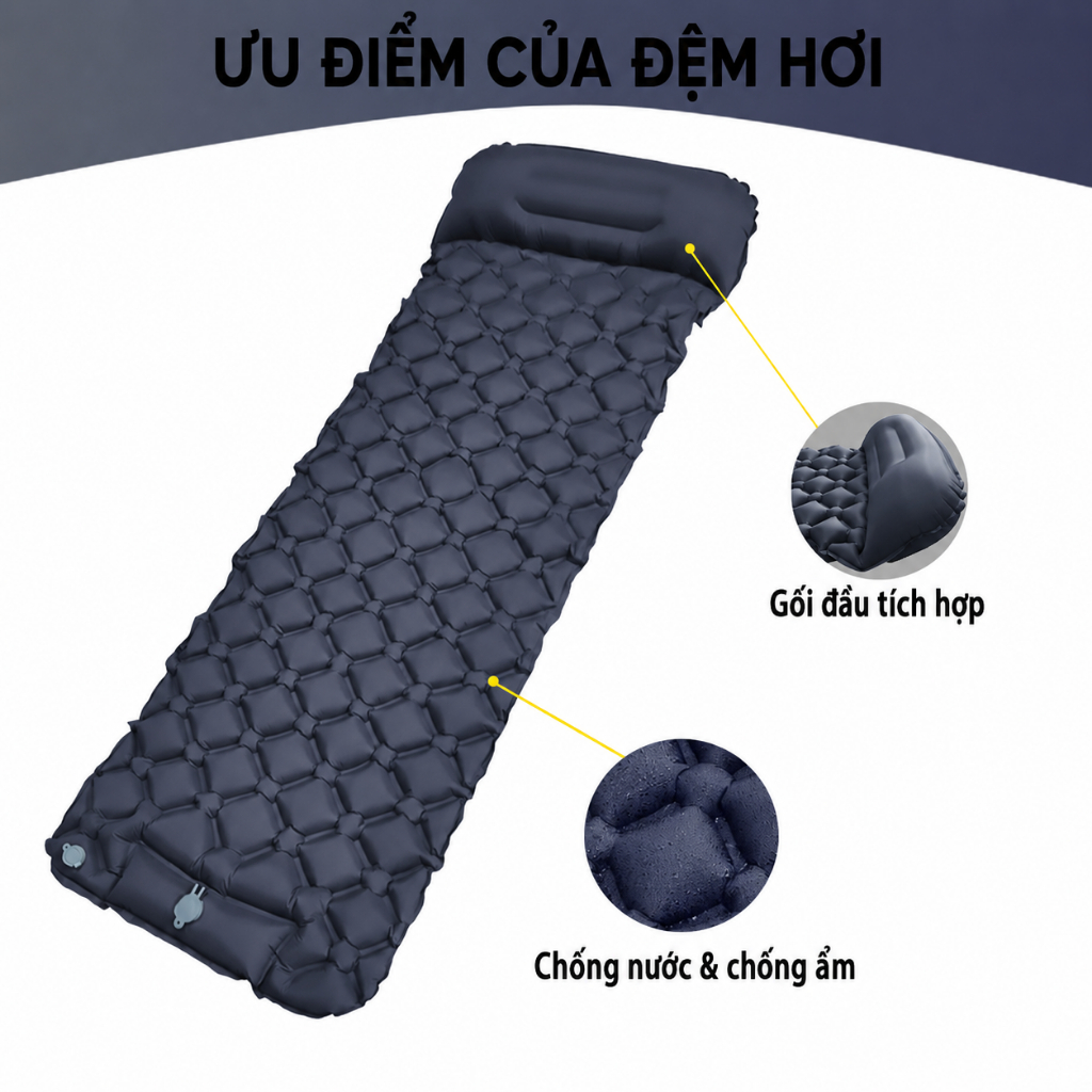 ⛺️Nệm Hơi Tự Bơm Cắm Trại Có Gối Liền Gấp Gọn, Đệm Ngủ Dã Ngoại Chống Nước, Thảm Khí Ngoài Trời Hàng Sẵn VN Giao Nhanh
