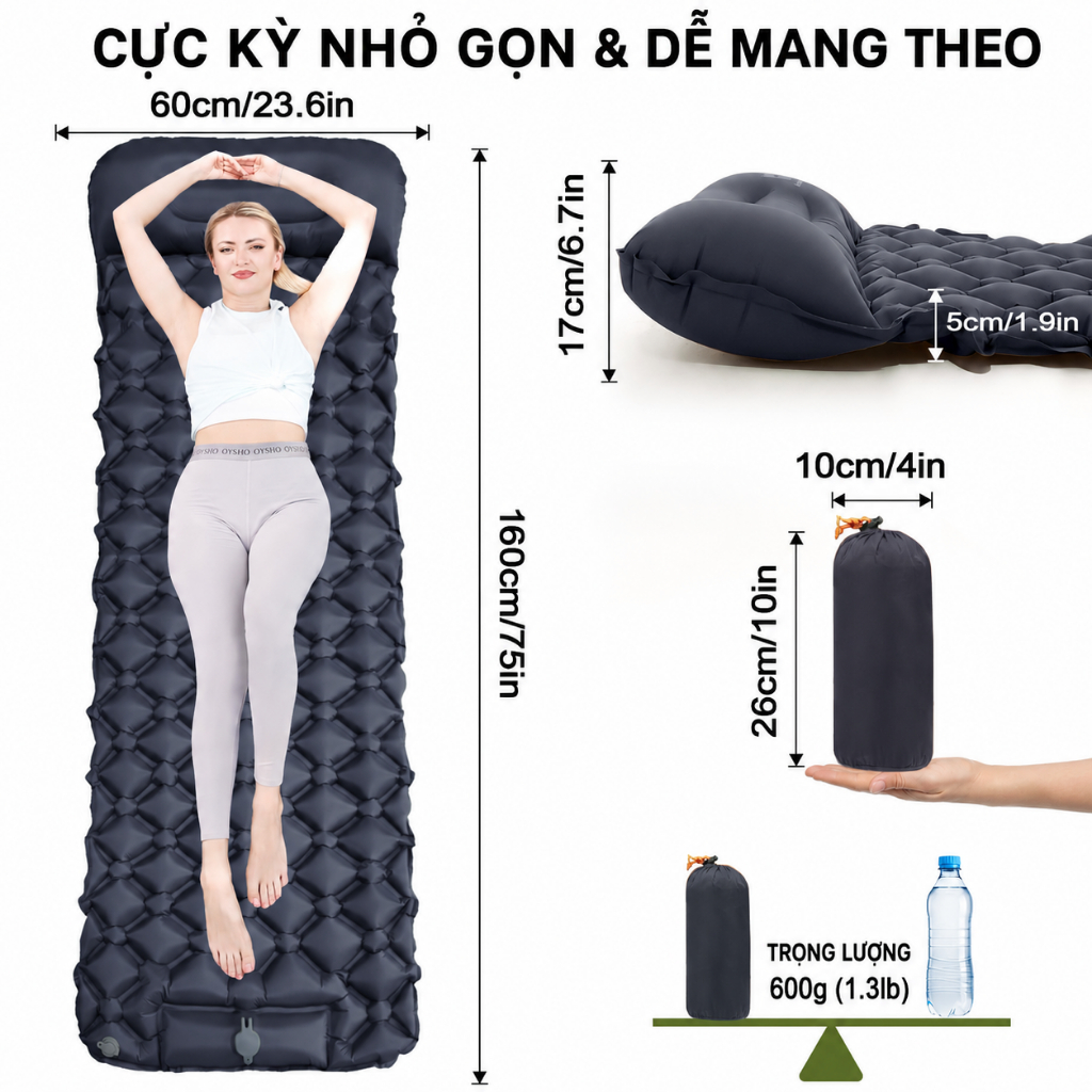 ⛺️Nệm Hơi Tự Bơm Cắm Trại Có Gối Liền Gấp Gọn, Đệm Ngủ Dã Ngoại Chống Nước, Thảm Khí Ngoài Trời Hàng Sẵn VN Giao Nhanh