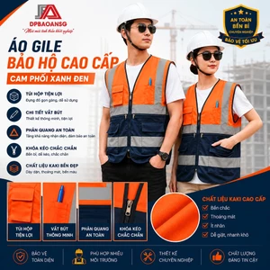 ÁO GILE BẢO HỘ PHẢN QUANG CAM PHỐI XANH ĐEN - ÁO GILE TÚI HỘP KHÓA KÉO KAKI CHO KỸ SƯ CÔNG NHÂN XÂY DỰNG, KỸ THUẬT, KHO