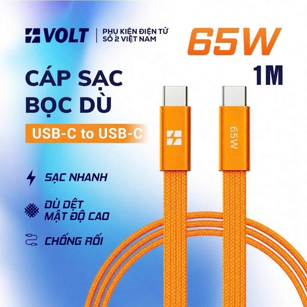 [VOLT] Cáp Sạc Nhanh USB C to C 65W PD, Dây Sạc Type C Bọc Dù Siêu Bền 1M Cho Laptop, iPhone 15/16, Samsung, iPad