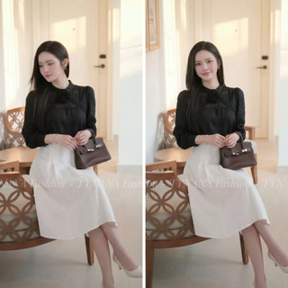 Áo Sơ Mi Kiểu Nữ Đen Phối Hoa Tay Bèo Dáng Tiểu Thư Thanh Lịch |  275