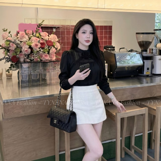 Áo Sơ Mi Kiểu Nữ Đen Phối Hoa Tay Bèo Dáng Tiểu Thư Thanh Lịch |  275