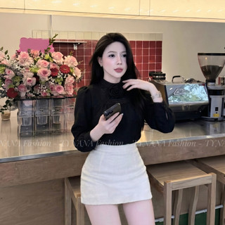 Áo Sơ Mi Kiểu Nữ Đen Phối Hoa Tay Bèo Dáng Tiểu Thư Thanh Lịch |  275