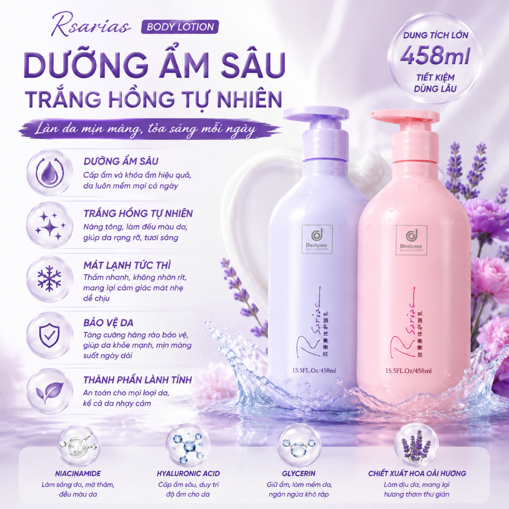 Kem dưỡng thể sữa 458 ml RSARIAS – Dưỡng trắng bật tông, cấp ẩm sâu, da mềm mịn không bết dính, phù hợp mọi loại da