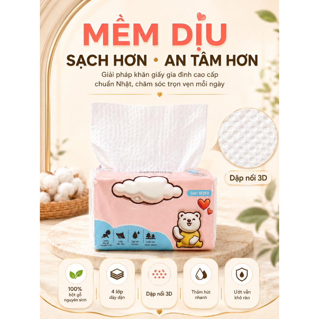 Giấy ăn rút cao cấp 240 tờ 4 lớp – Mềm mịn như nhung, không tẩy trắng, không huỳnh quang. Thấm hút siêu tốt