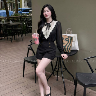 Áo Sơ Mi Kiểu Nữ Hàn Quốc Màu Đen Phối Ren Cổ Tròn Đính Nơ Tay Voan Thanh Lịch |287