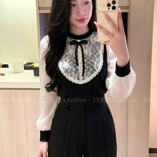 (ÁO Nữ Kiểu) Áo Sơ Mi Kiểu Hàn Quốc Phối Ren Nơ Cổ Tay Phồng - Áo Nữ Tiểu Thư Thanh Lịch Tynana 289