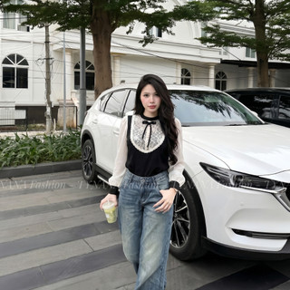 (ÁO Nữ Kiểu) Áo Sơ Mi Kiểu Hàn Quốc Phối Ren Nơ Cổ Tay Phồng - Áo Nữ Tiểu Thư Thanh Lịch Tynana 289