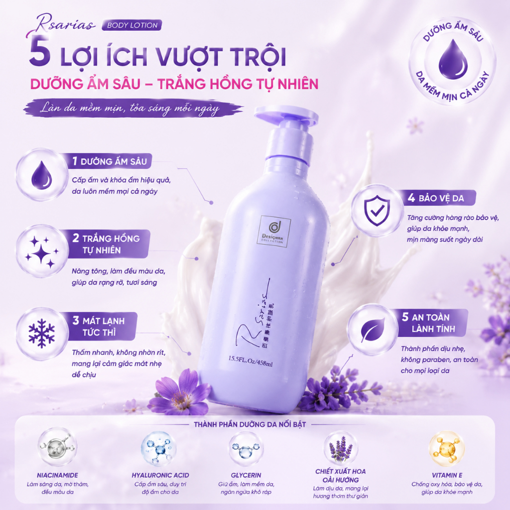 Kem dưỡng thể sữa 458 ml RSARIAS – Dưỡng trắng bật tông, cấp ẩm sâu, da mềm mịn không bết dính, phù hợp mọi loại da