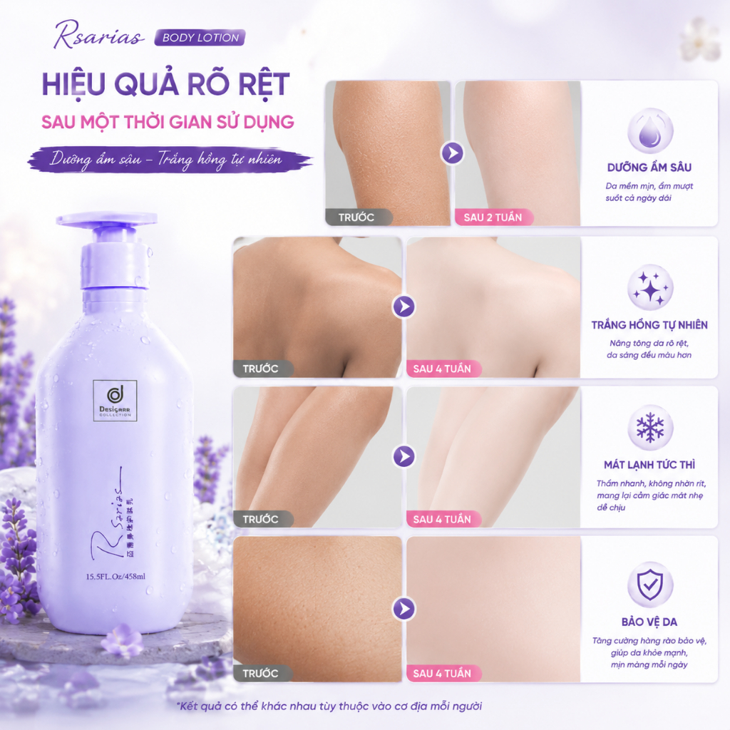 Kem dưỡng thể sữa 458 ml RSARIAS – Dưỡng trắng bật tông, cấp ẩm sâu, da mềm mịn không bết dính, phù hợp mọi loại da
