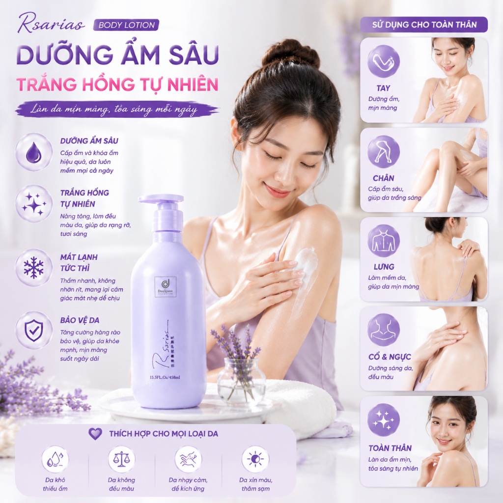 Kem dưỡng thể sữa 458 ml RSARIAS – Dưỡng trắng bật tông, cấp ẩm sâu, da mềm mịn không bết dính, phù hợp mọi loại da