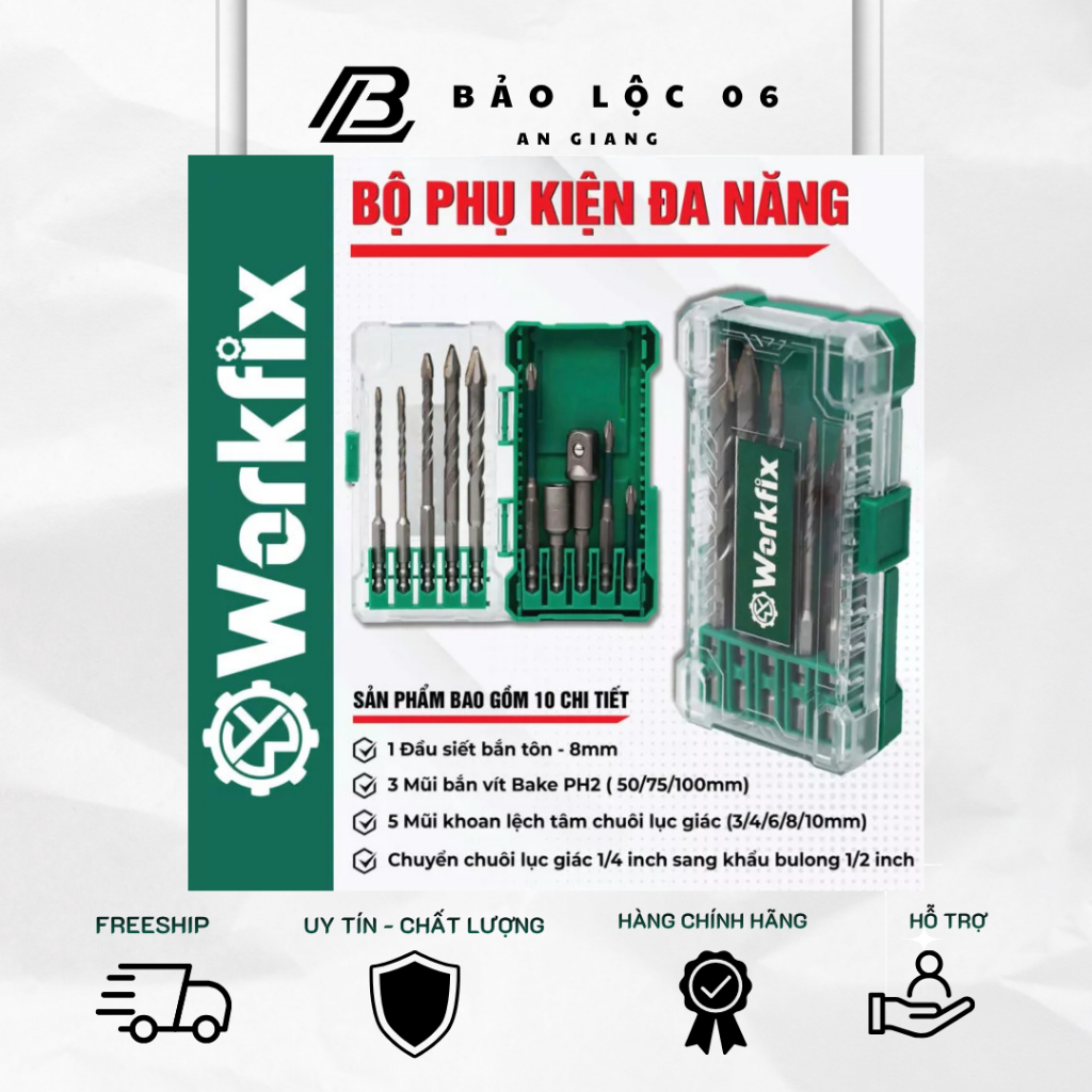 BỘ WORKFIX SDB10:  mũi khoan 3-4-6-8-10mm, đầu chuyển 1/2 & 1/4, đầu bắn tôn 8mm, đầu vít 4 cạnh từ tính.