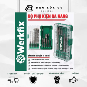 BỘ WORKFIX SDB10: mũi khoan 3-4-6-8-10mm, đầu chuyển 1/2 & 1/4, đầu bắn tôn 8mm, đầu vít 4 cạnh từ tính.