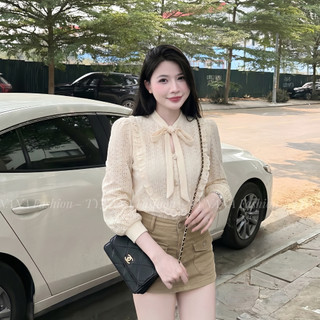 Áo Sơ Mi Kiểu Nữ Màu Trắng Kem Phối Ren Cổ Buộc Nơ Tôn Dáng Thanh Lịch | 300
