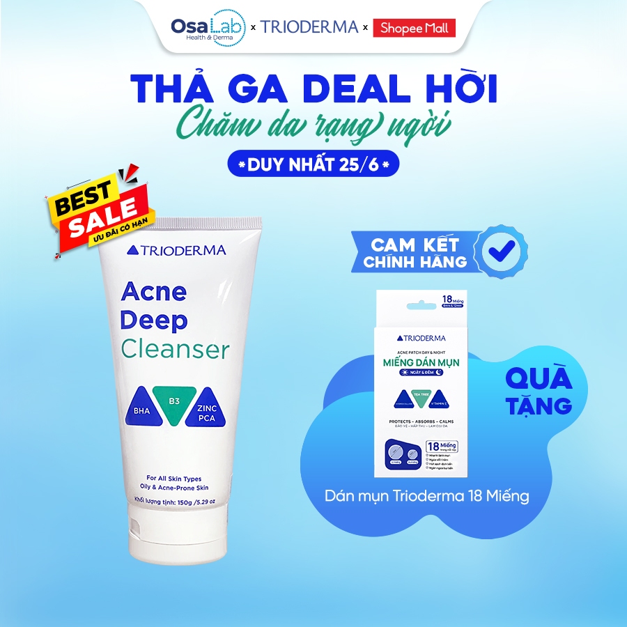 Gel rửa mặt Trioderma Acne Deep Cleanser 150g làm sạch sâu, kiểm soát dầu nhờn, dành cho da dầu mụn