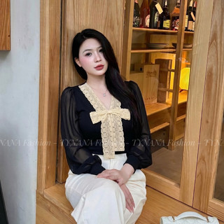 Áo  Kiểu Xinh Ren Nữ Phối Kem Đính Nơ Tay Voan Ôm Dáng Thanh Lịch Dáng Tiểu Thư  419