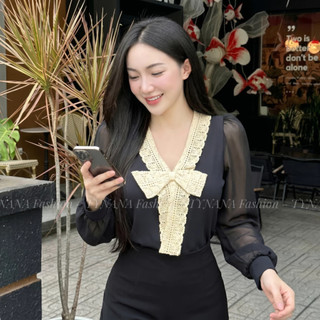 Áo  Kiểu Xinh Ren Nữ Phối Kem Đính Nơ Tay Voan Ôm Dáng Thanh Lịch Dáng Tiểu Thư  419