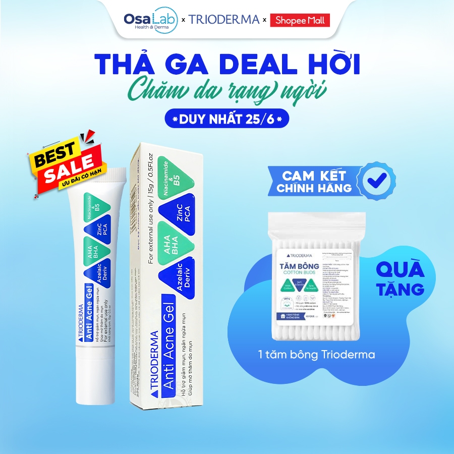 Gel chấm mụn, mờ thâm Trioderma Anti Acne Gel  15g, gom cồi kháng viêm phục hồi nhanh