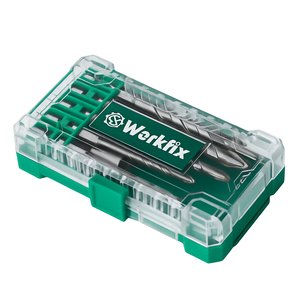BỘ WORKFIX SDB10:  mũi khoan 3-4-6-8-10mm, đầu chuyển 1/2 & 1/4, đầu bắn tôn 8mm, đầu vít 4 cạnh từ tính.