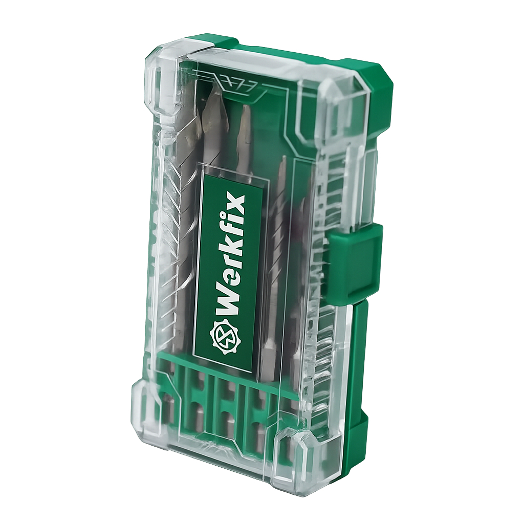 BỘ WORKFIX SDB10:  mũi khoan 3-4-6-8-10mm, đầu chuyển 1/2 & 1/4, đầu bắn tôn 8mm, đầu vít 4 cạnh từ tính.