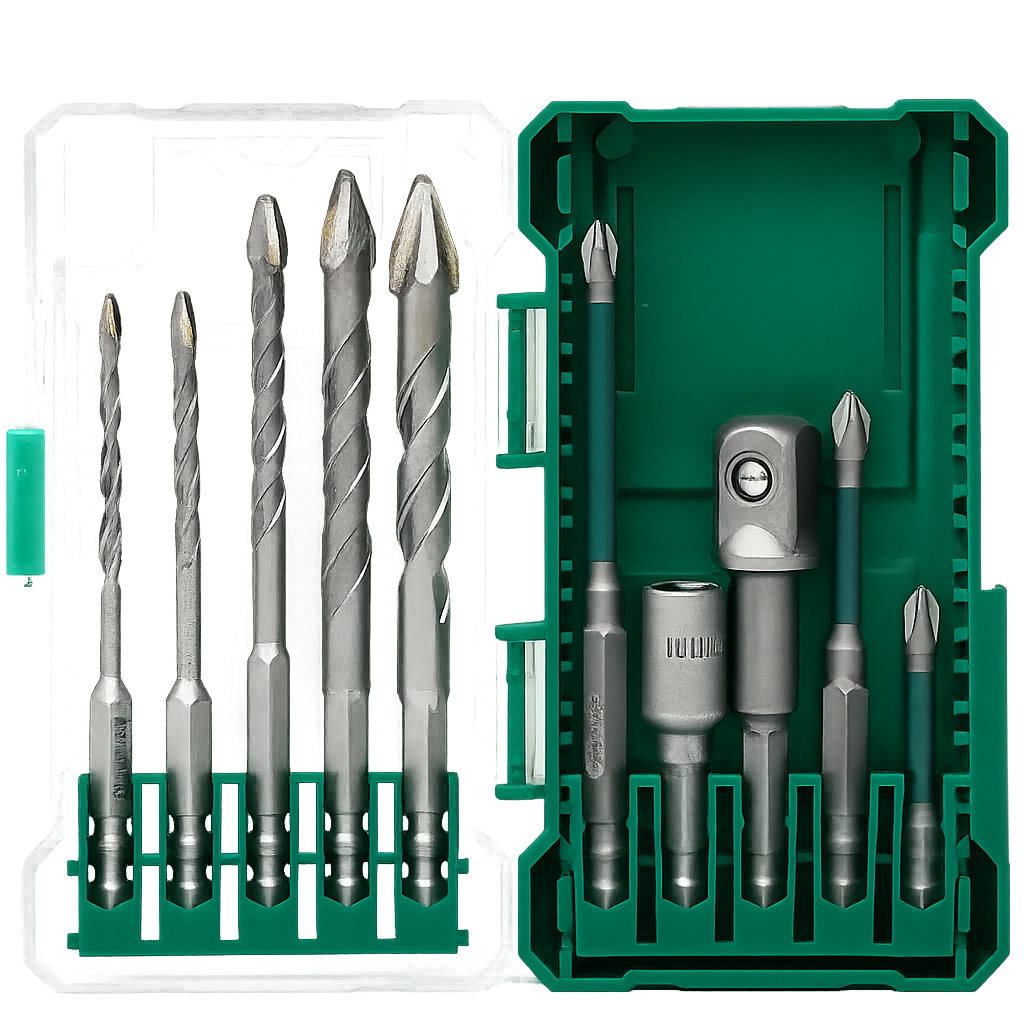 BỘ WORKFIX SDB10:  mũi khoan 3-4-6-8-10mm, đầu chuyển 1/2 & 1/4, đầu bắn tôn 8mm, đầu vít 4 cạnh từ tính.