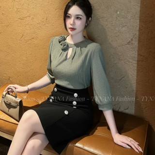 Áo Kiểu Ren Nữ Xanh Rêu Cổ Tròn Gắn Hoa Phối Tay Bèo Dáng Thanh Lịch Tiểu Thư 517