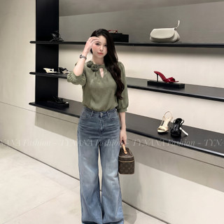 Áo Kiểu Ren Nữ Xanh Rêu Cổ Tròn Gắn Hoa Phối Tay Bèo Dáng Thanh Lịch Tiểu Thư 517