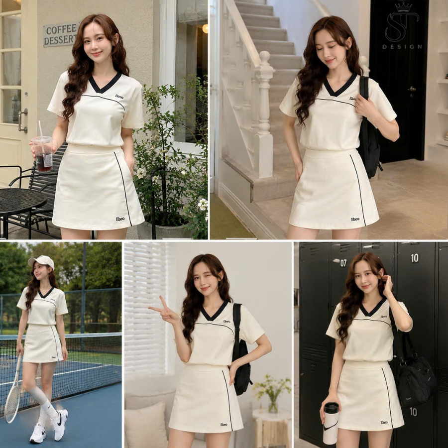 Set bộ thể thao áo cổ V + chân váy basic - ST Design - k92