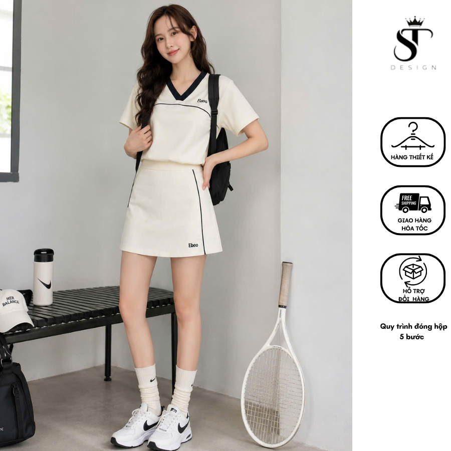 Set bộ thể thao áo cổ V + chân váy basic - ST Design - k92