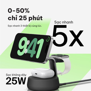 Đế sạc không dây Belkin chuẩn Magsafe 3-in-1 Qi2.2 25W sạc nhanh không dây cho thiết bị iPhone, Airpods - Bảo hành 2 năm