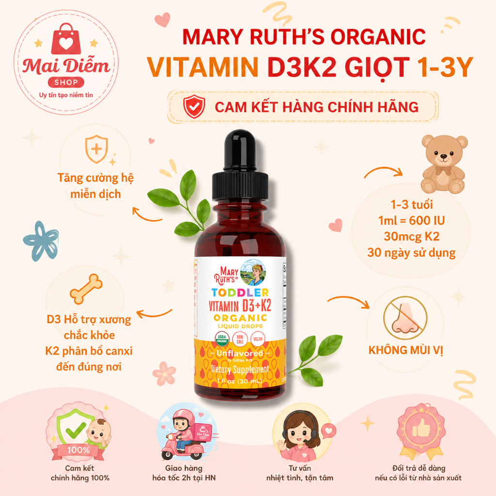 Thực phẩm bổ sung giúp hỗ trợ sức khỏe D3 k2 Mary's ruth dạng xịt và dạng giọt cho bé từ 6m trở lên