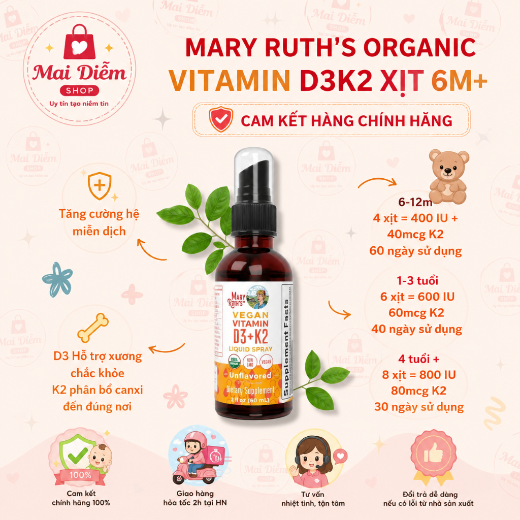 Thực phẩm bổ sung giúp hỗ trợ sức khỏe D3 k2 Mary's ruth dạng xịt và dạng giọt cho bé từ 6m trở lên